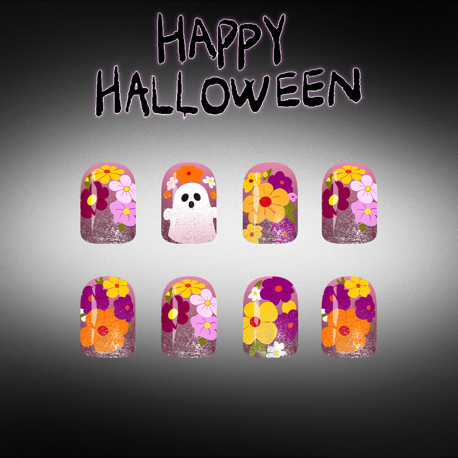 Spooktacular Medium Square Purple Floral Glitter Nail Set