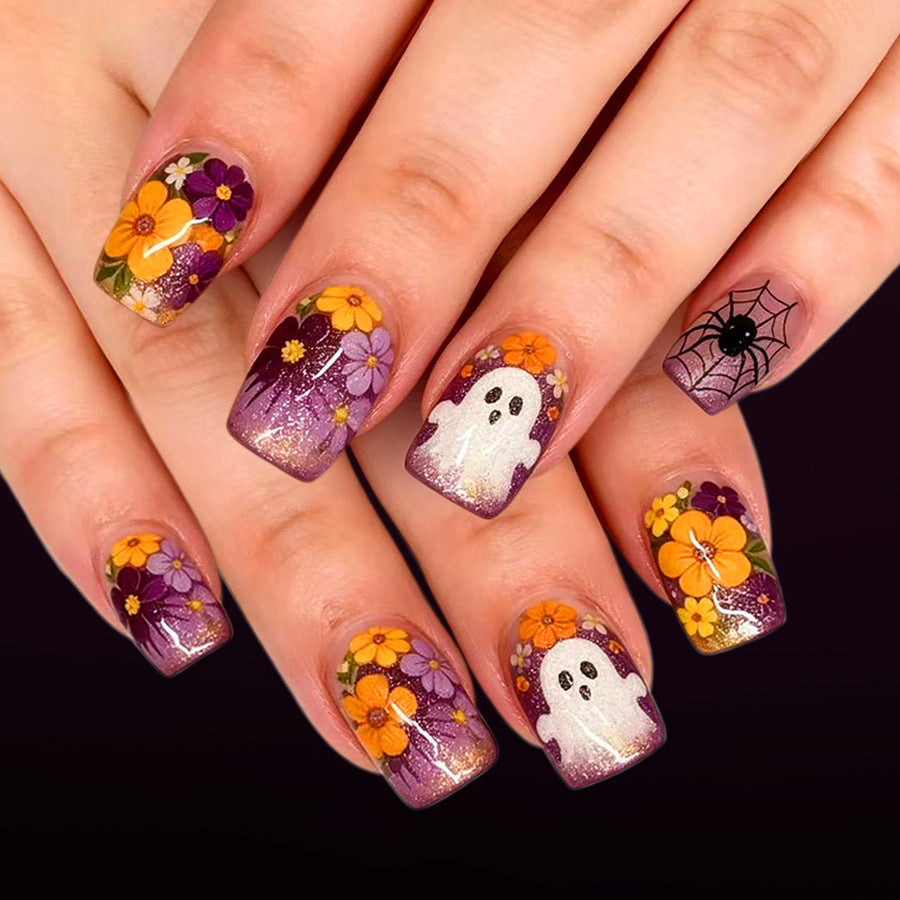 Haunted Floral Design Medium Square Purple and Gold Glitter Press On Nail Set