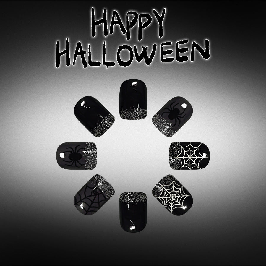Spooky Halloween Short Square Black with Glitter Spider and Web Design Press-On Nail Set