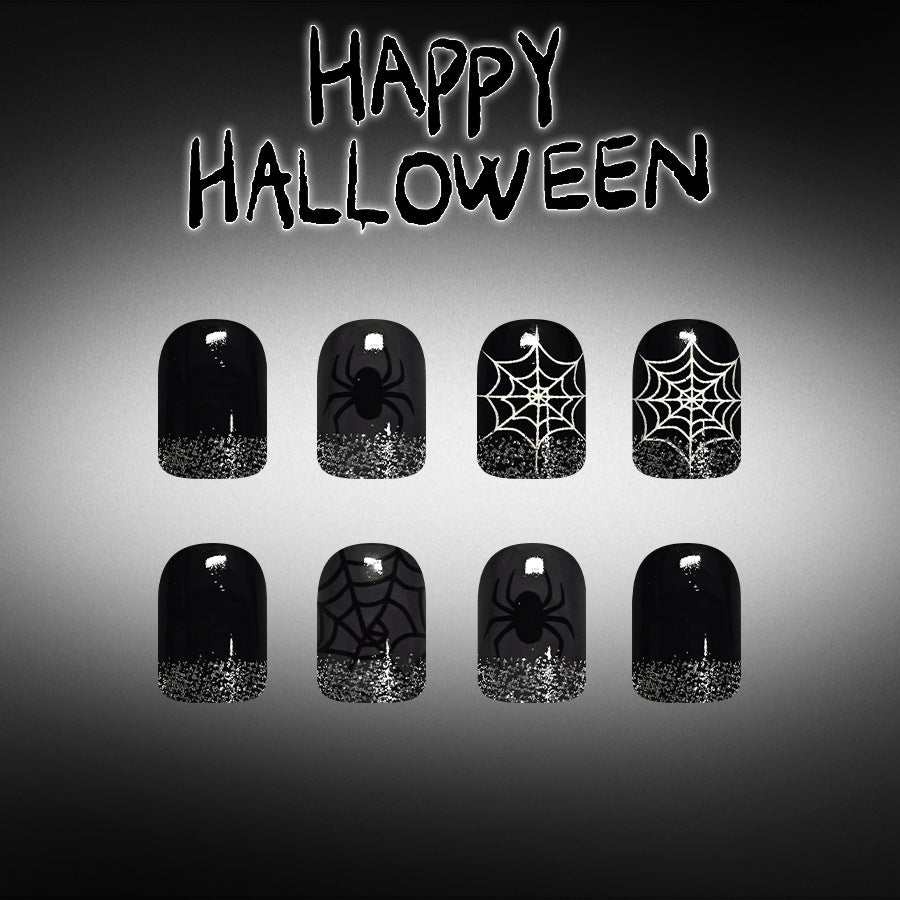 Spooky Elegance Short Square Black with Glitter Spider Web Design Press On Nail Set