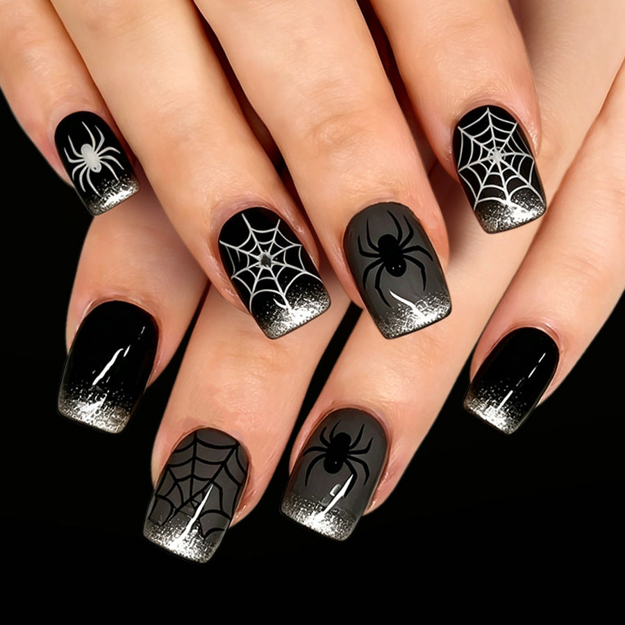 Halloween Inspired Short Square Black Ombre Nail Set with Spooky Spider Design