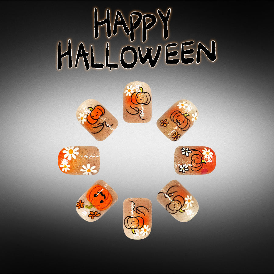 Spooky Season Short Square Orange with Pumpkin and Daisy Design Press-On Nail Set