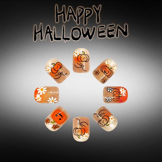 Spooky Season Short Square Orange with Pumpkin and Daisy Design Press-On Nail Set