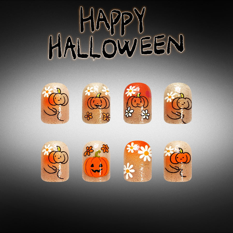 Spooky Halloween Short Square Orange Pumpkin Design Press On Nail Set