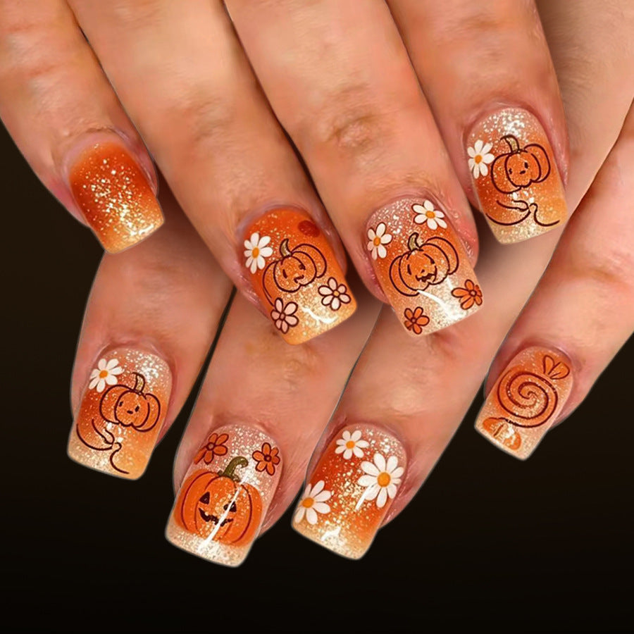 Autumn Bliss Short Square Orange Glitter with Pumpkin Designs Press-On Nail Set