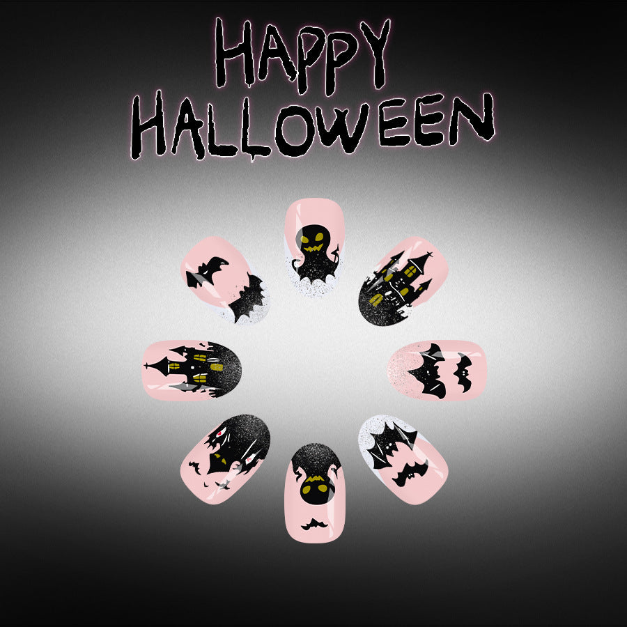 Spooky Halloween Short Round Pink with Bat and Castle Designs Press On Nail Set