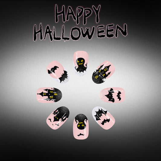 Spooky Halloween Short Round Pink with Bat and Castle Designs Press On Nail Set