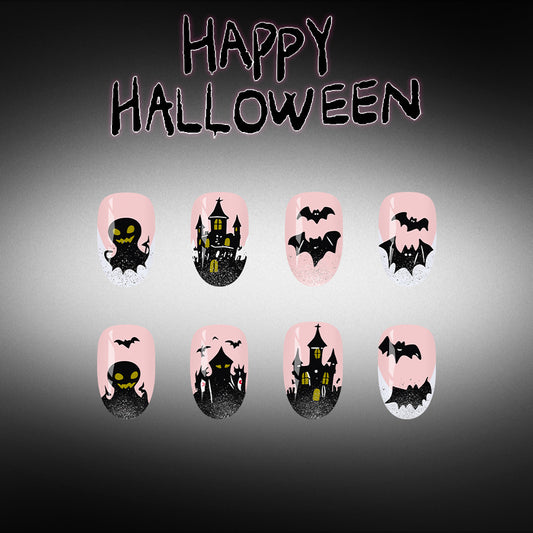 Spooky Halloween Medium Oval Black and Pink Glow in the Dark Nail Set