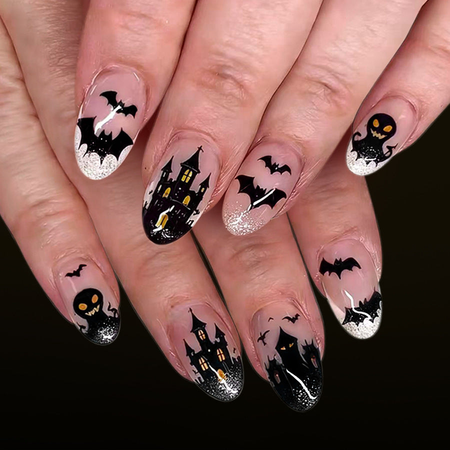 Spooky Halloween Medium Oval Black with Glitter Gradient and Bat Design Press on Nail Set