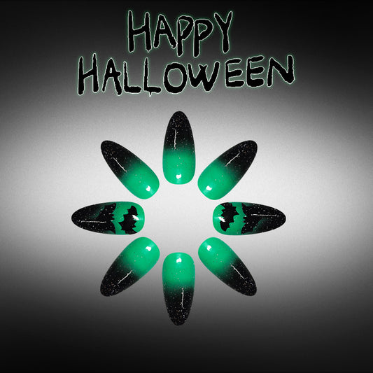 Spooky Halloween Medium Almond Green Ombre Nail Set