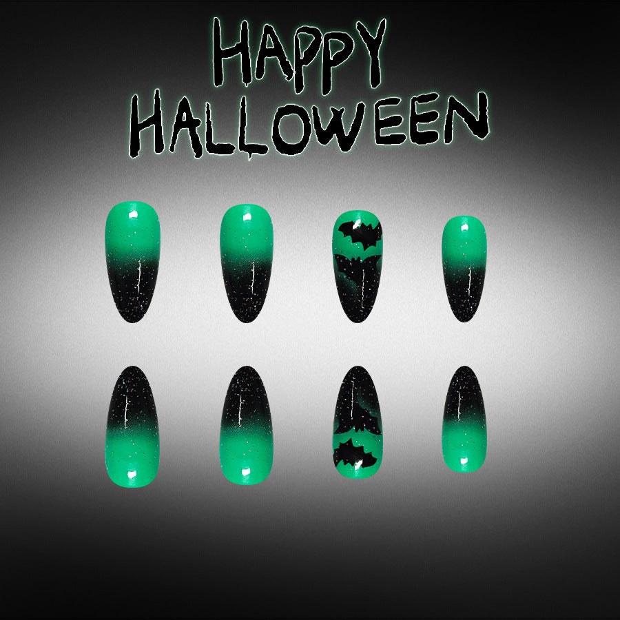 Spooktacular Medium Almond Green Gradient Nails with Bat Design
