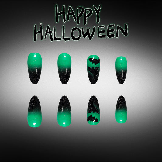 Spooktacular Medium Almond Green Gradient Nails with Bat Design