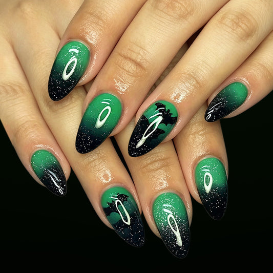 Celestial Dream Medium Almond Green Ombre Press On Nail Set with Glitter Accents