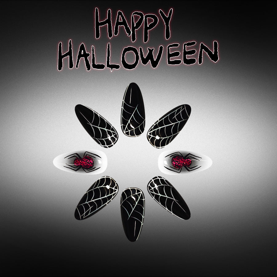 Spooky Halloween Medium Almond Black with Glitter Spider Design Press On Nail Set