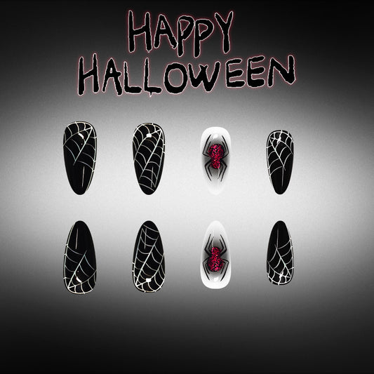 Spooky Halloween Medium Almond Black with Spider Web Design Press on Nail Set