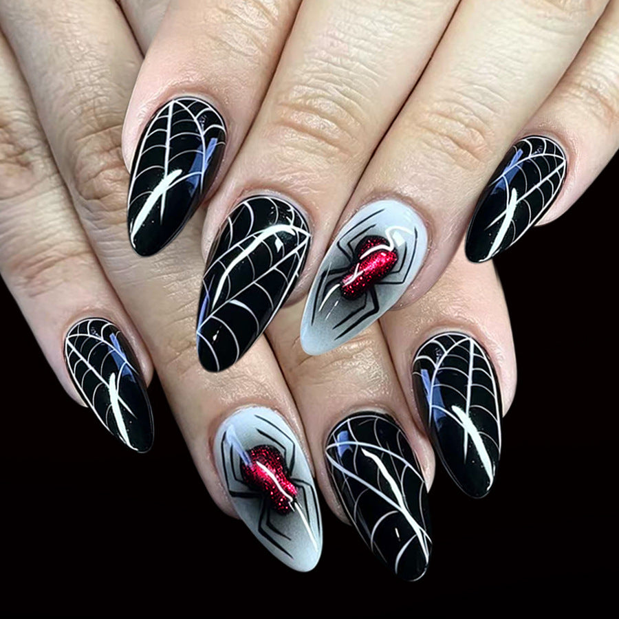 Spooky Elegance Medium Almond Black and Gray Spider Web Nail Set