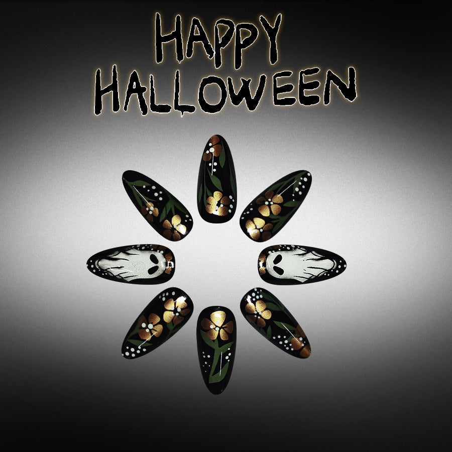 Spooky Elegance Long Almond Black Floral Design Press on Nail Set