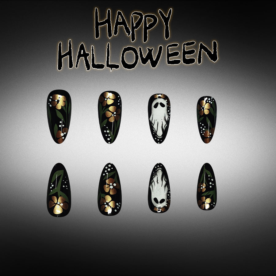 Spooky Halloween Medium Almond Black with Gold Floral Accents Press On Nail Set