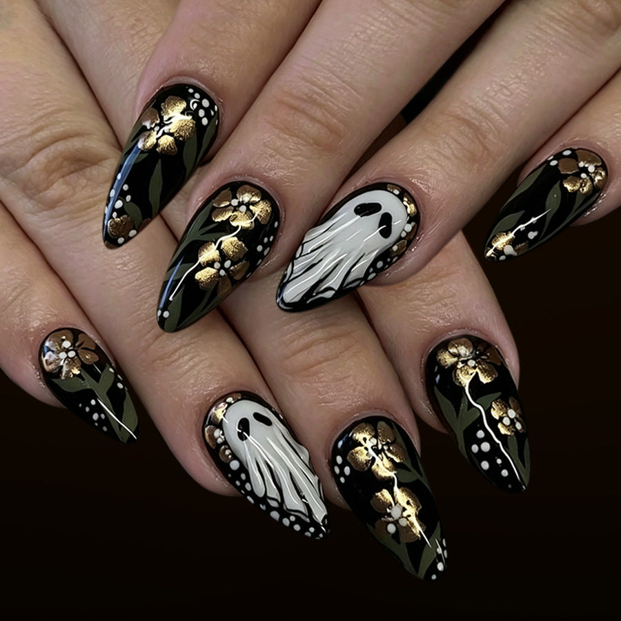 Spooky Elegance Medium Almond Black with Gold Floral Accents Press On Nail Set