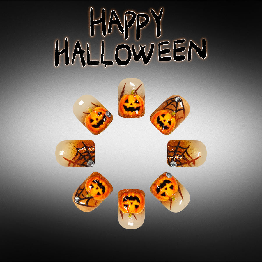Spooky Vibes Short Square Orange with Halloween Pumpkin Artwork Press On Nail Set