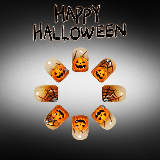 Spooky Vibes Short Square Orange with Halloween Pumpkin Artwork Press On Nail Set