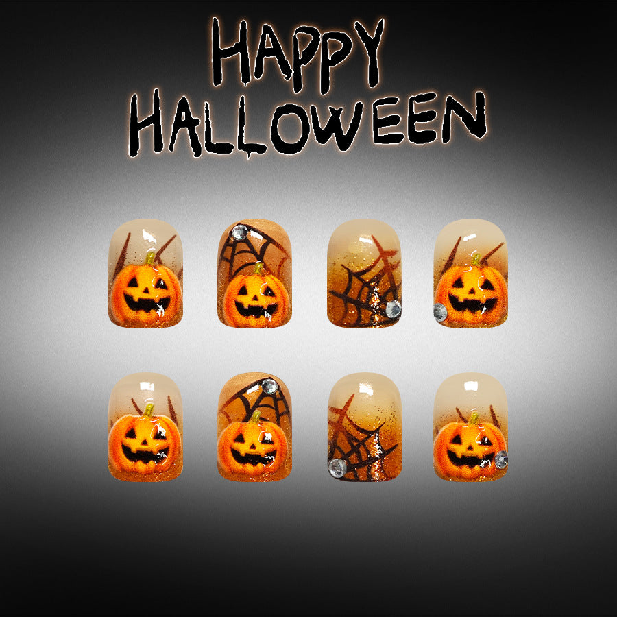 Spooky Halloween Medium Square Orange with Glittering Pumpkin and Spider Web Design Press on Nail Set