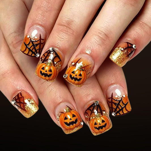 Spooky Halloween Short Square Orange Glitter Press On Nail Set with Pumpkin Design