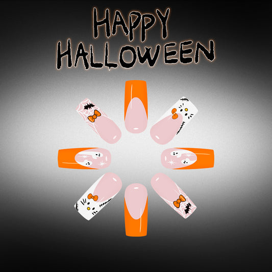 Spooky Halloween Medium Square Orange Fun Design Press On Nail Set
