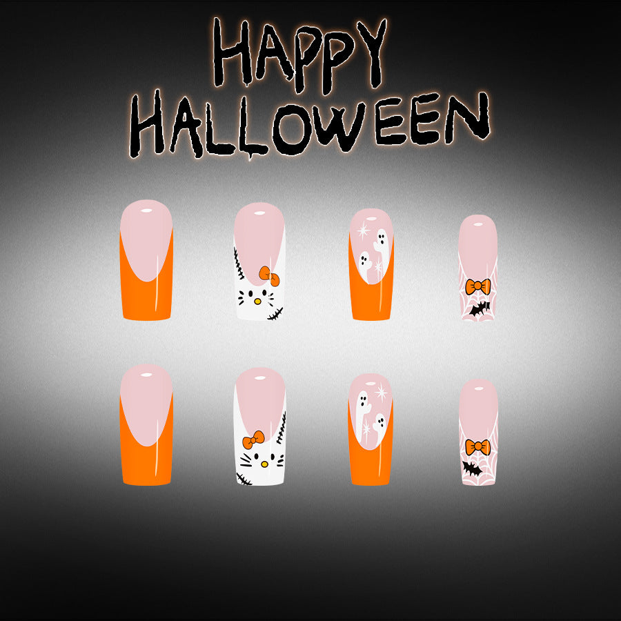 Spooky Halloween Medium Square Orange and Pink Ghost Design Nail Set