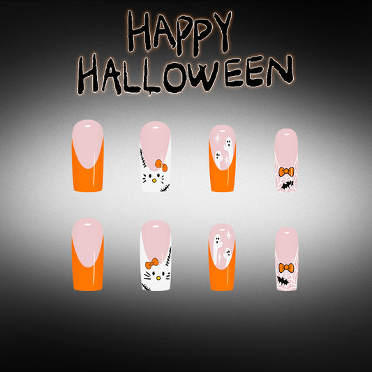 Spooky Halloween Medium Square Orange and Pink Ghost Design Nail Set