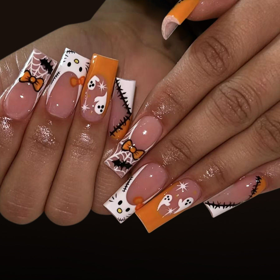 Spooky Theme Long Square Orange and White Ghost Design Press On Nail Set