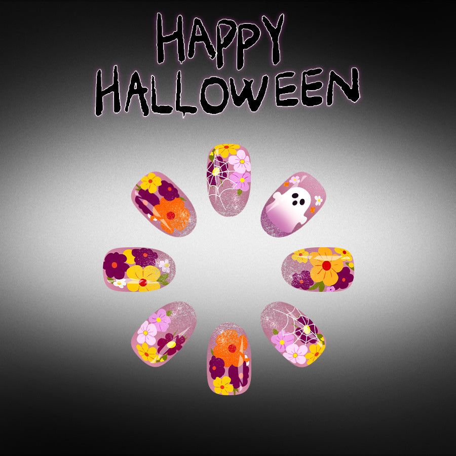 Enchanting Halloween Short Round Purple Floral Glitter Press On Nail Set