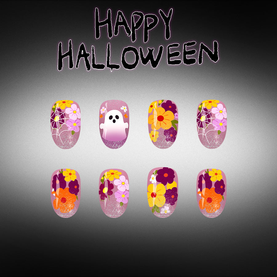 Spooky Floral Medium Round Glitter Press on Nail Set