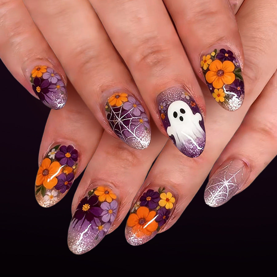 Hauntingly Floral Medium Oval Purple with Glitter and Ghost Design Press on Nail Set