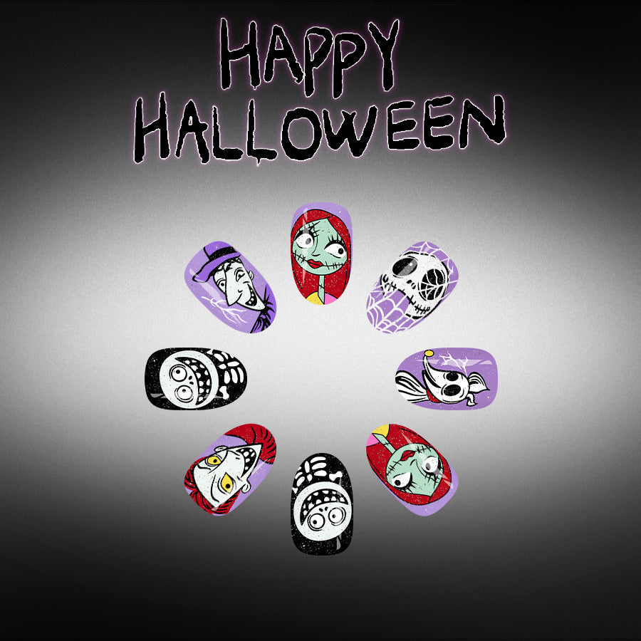 Spooky Short Oval Purple Nail Set with Halloween Themed Art
