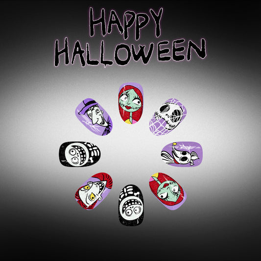 Spooky Short Oval Purple Nail Set with Halloween Themed Art