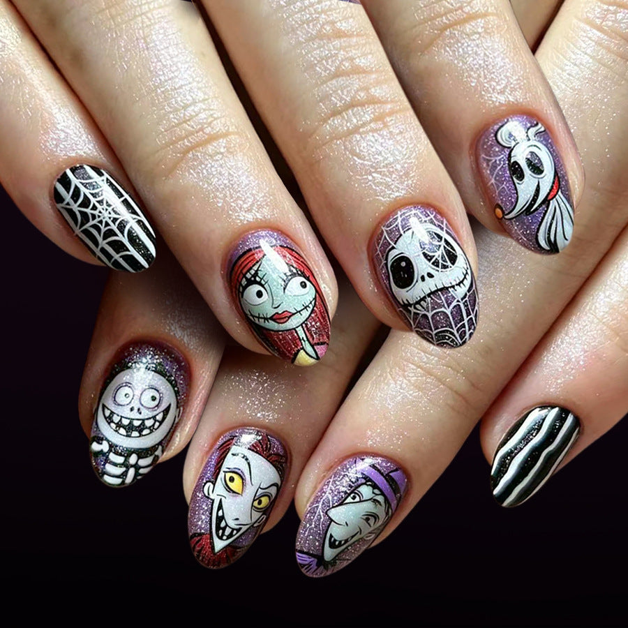 Spooky Halloween Medium Almond Purple Glitter with Character Designs Press on Nail Set