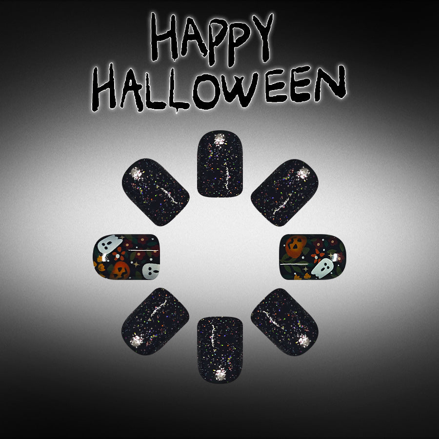 Spooky Halloween Short Square Black Glitter Nails with Fun Ghost and Pumpkin Design