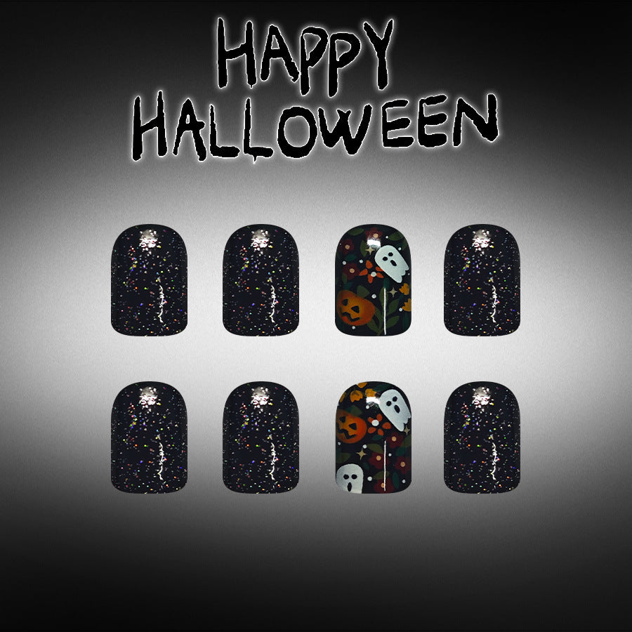 Spooktacular Short Square Black Glitter Nails with Halloween Ghost and Pumpkin Design
