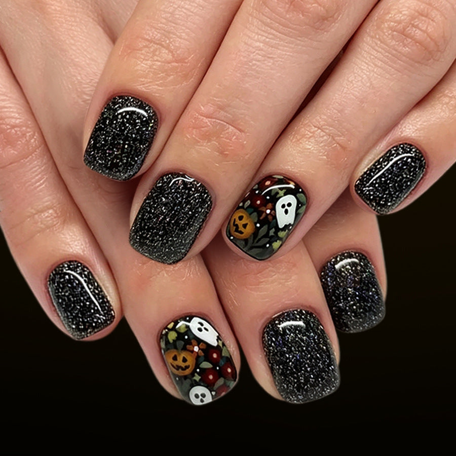 Spooky Season Short Square Black Sparkle with Halloween Motifs Press-On Nail Set