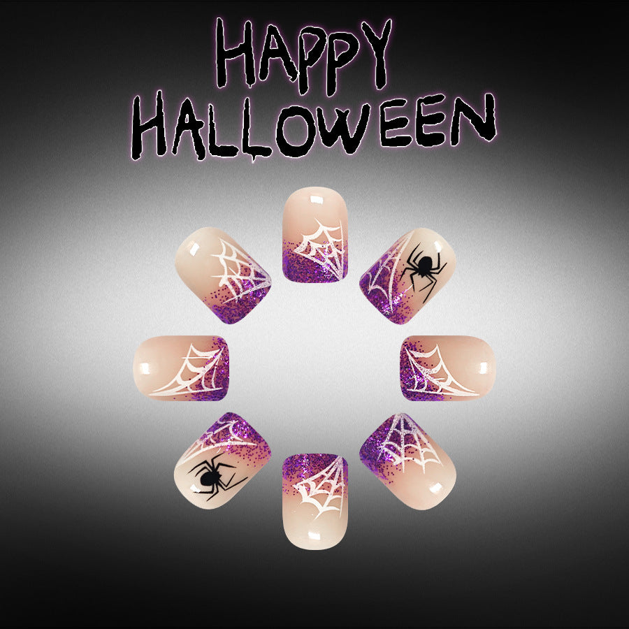 Spooky Elegance Short Square Purple Glitter Spider Web Press On Nail Set
