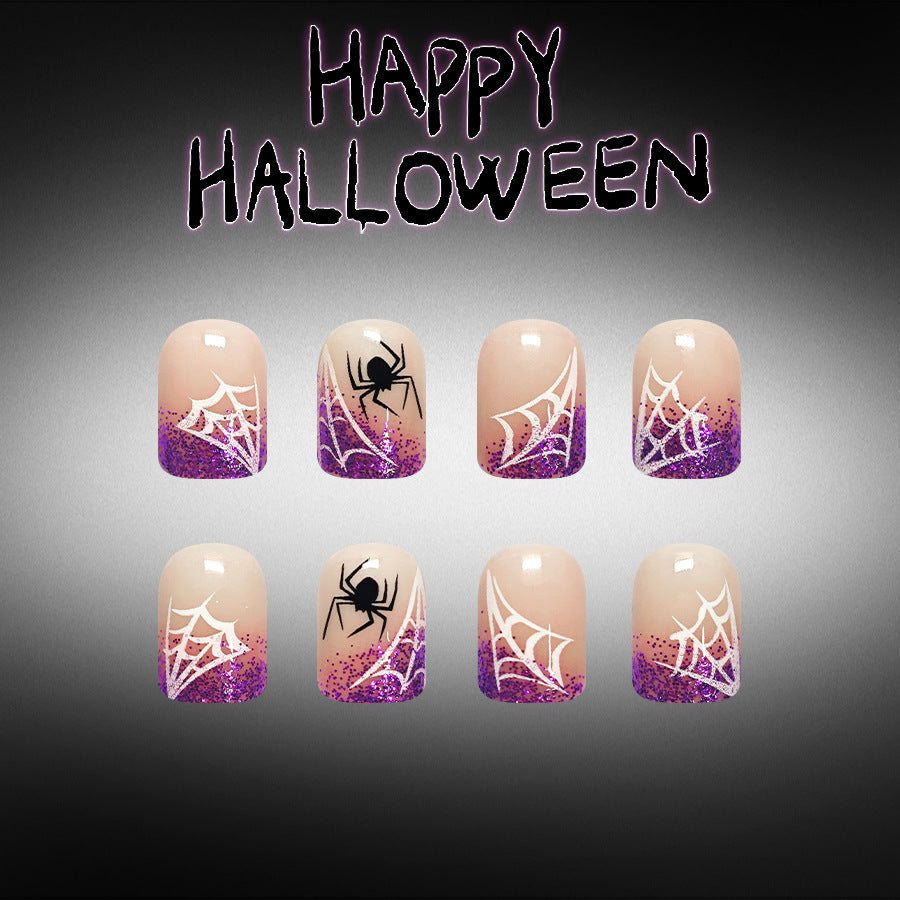 Spooky Short Square Purple Glitter Halloween Nail Set with Spider Design