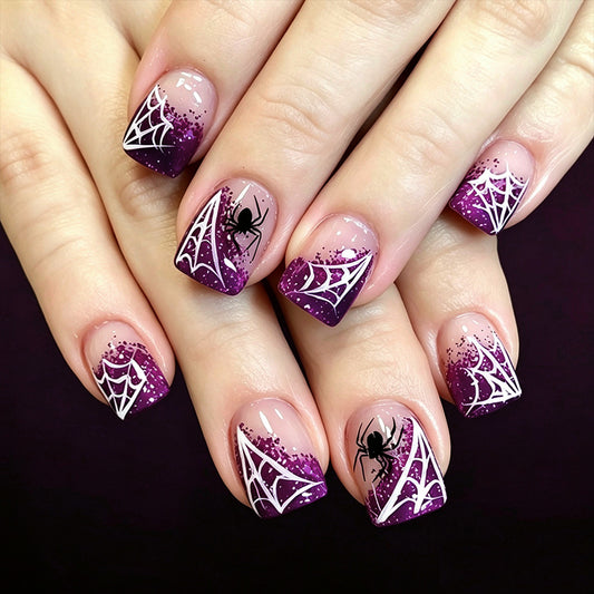 Spooky Vibes Short Square Purple Glitter with Spider Web Design Press On Nail Set