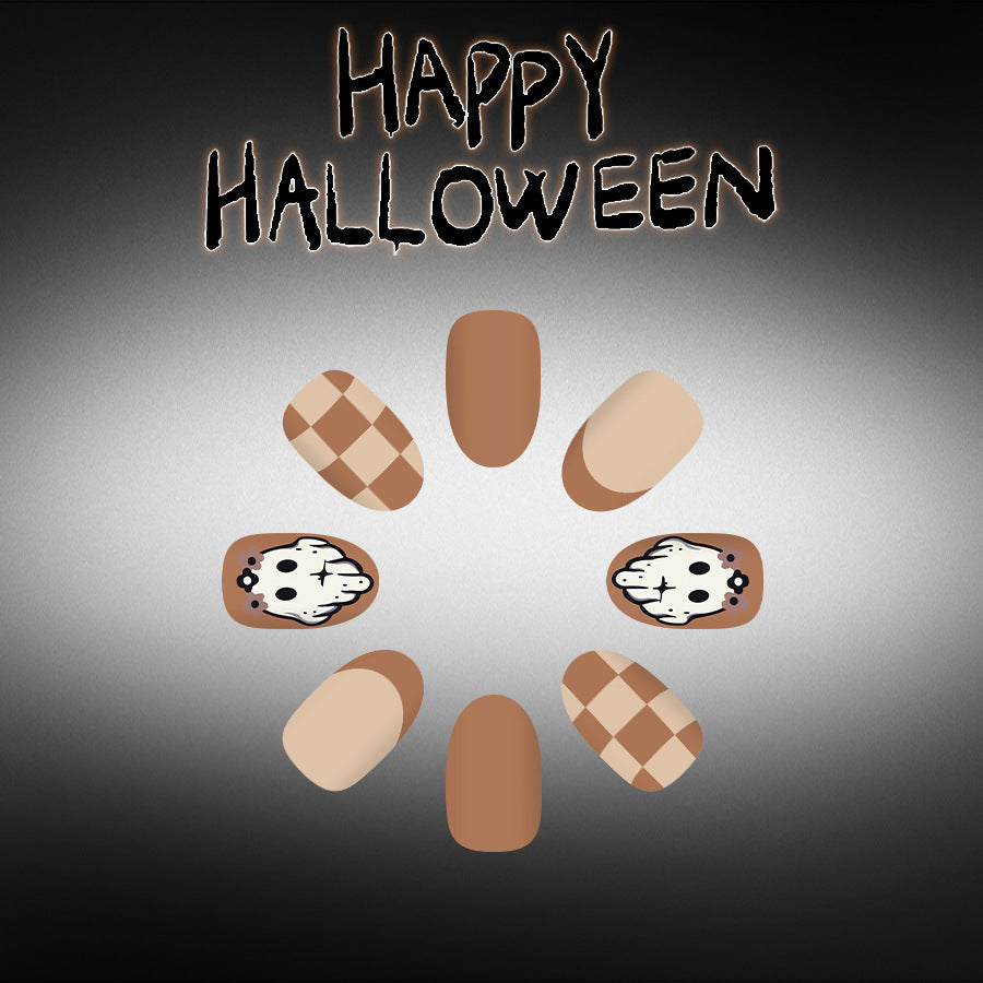 Spooky Halloween Short Oval Brown Nails with Fun Skull Design