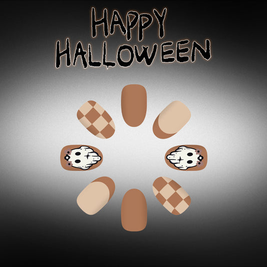 Spooky Halloween Short Oval Brown Nails with Fun Skull Design