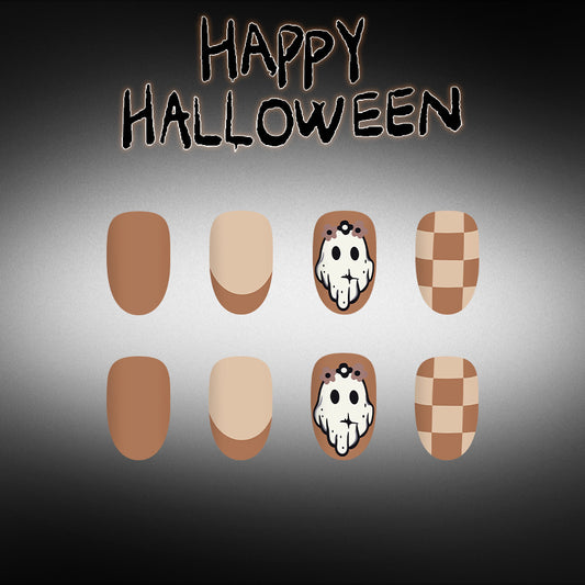 Spooky Halloween Medium Oval Beige Ghost Design Press On Nail Set