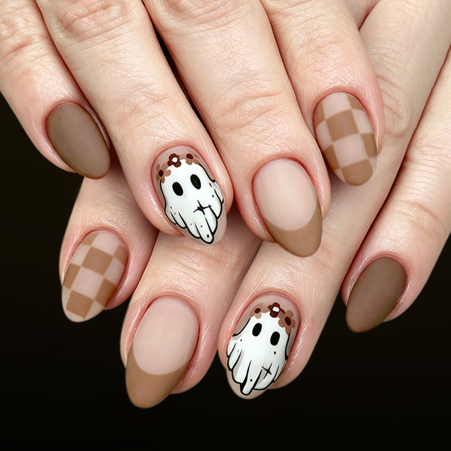 Spooky Vibes Medium Almond Brown with Ghost and Floral Design Press On Nail Set