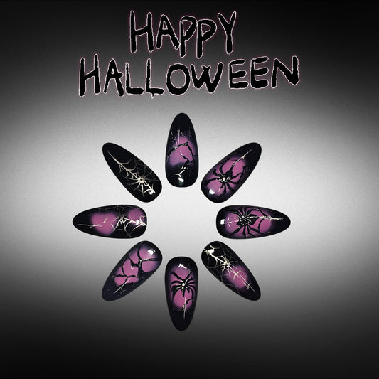 Spooktacular Medium Almond Black with Purple Spider Webs Press On Nail Set