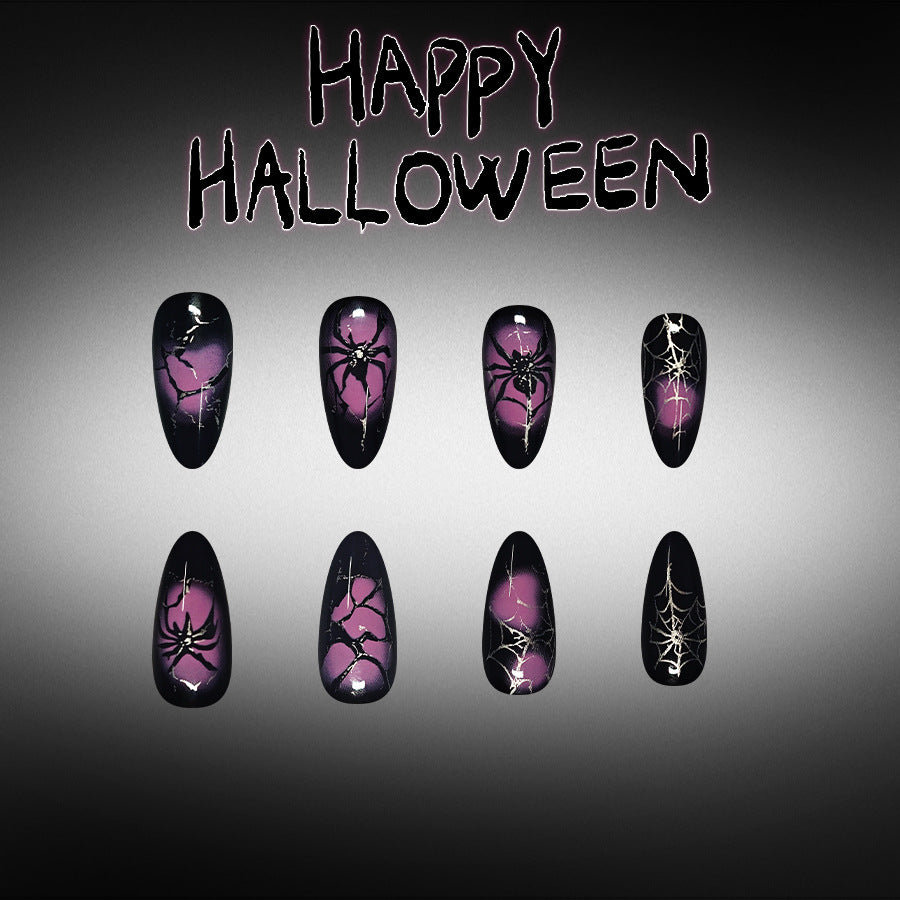 Spooky Halloween Medium Almond Black and Purple Spider Web Press on Nail Set