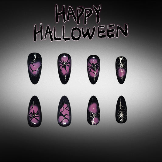 Spooky Halloween Medium Almond Black and Purple Spider Web Press on Nail Set
